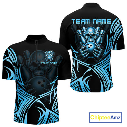 Mens Skull Bowling Shirts Blue Tribal Pattern Custom Skull Bowling Polo Quarter-Zip Team Jersey NYN3756