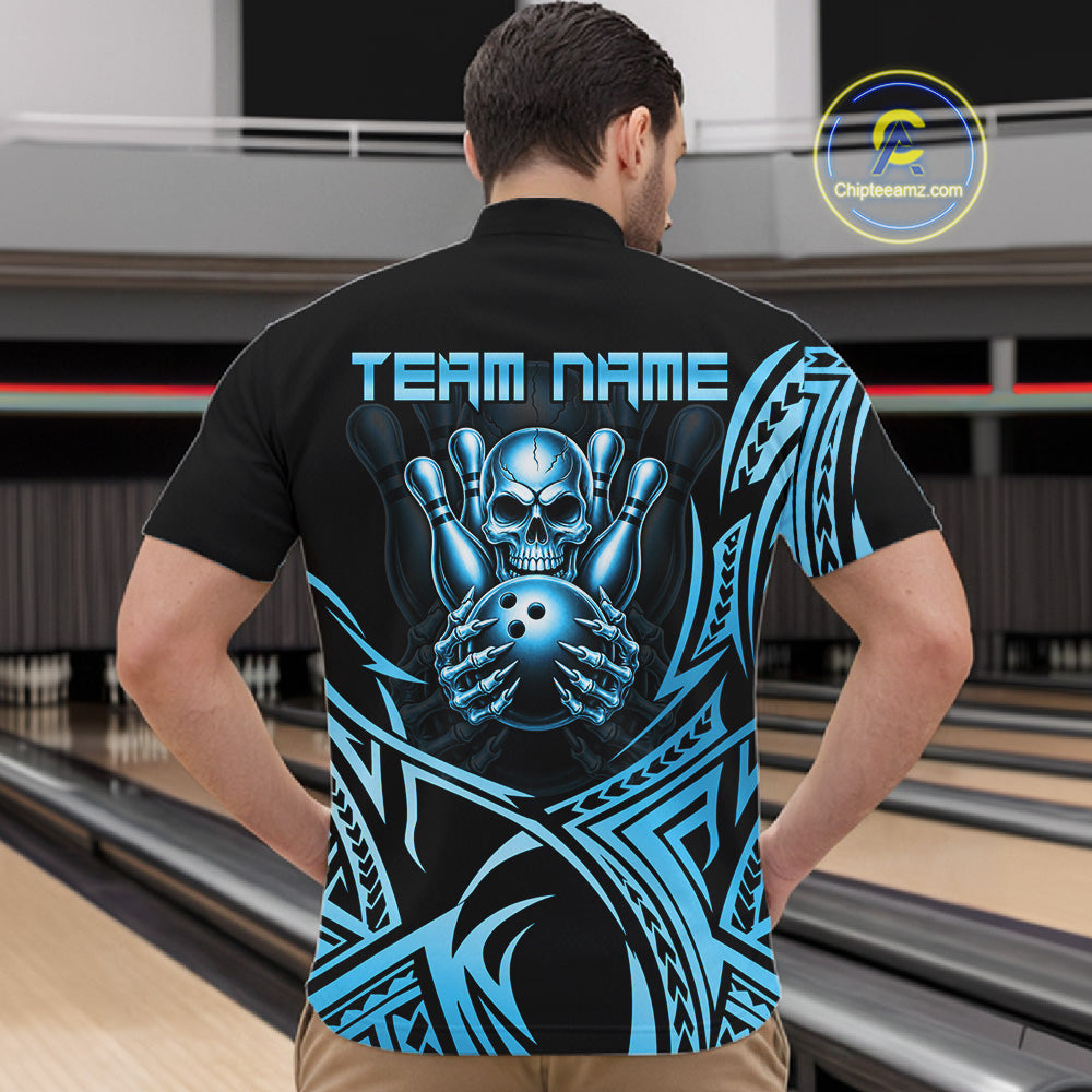 Mens Skull Bowling Shirts Blue Tribal Pattern Custom Skull Bowling Polo Quarter-Zip Team Jersey NYN3756