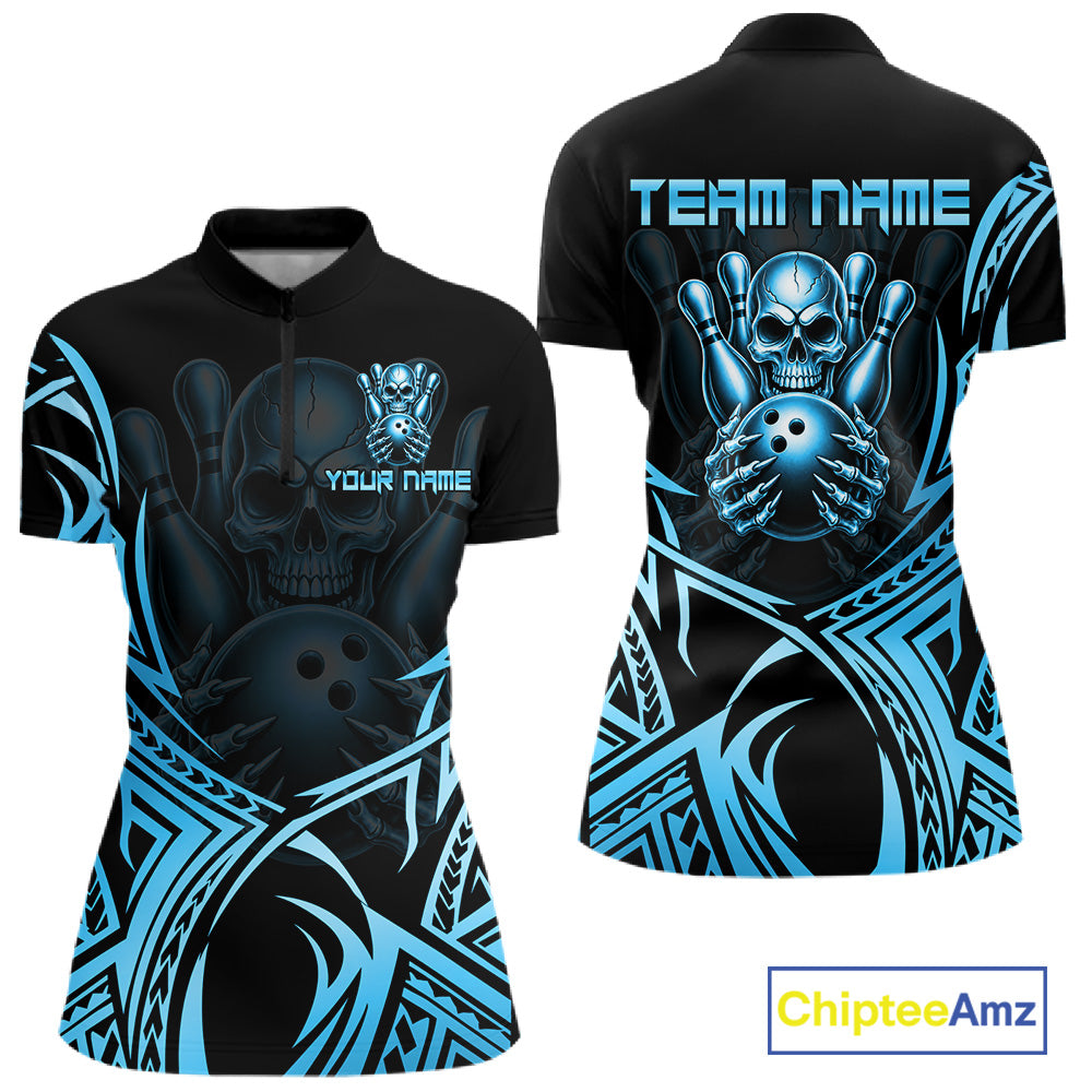 Womens Skull Bowling Shirts Blue Tribal Pattern Custom Skull Bowling Polo Quarter-Zip Team Jersey NYN3756