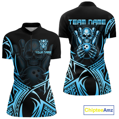 Womens Skull Bowling Shirts Blue Tribal Pattern Custom Skull Bowling Polo Quarter-Zip Team Jersey NYN3756