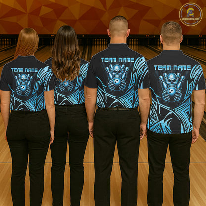 Womens Skull Bowling Shirts Blue Tribal Pattern Custom Skull Bowling Polo Quarter-Zip Team Jersey NYN3756