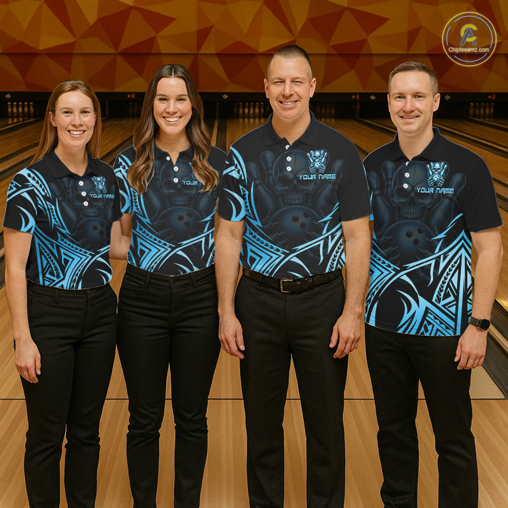 Womens Skull Bowling Shirts Blue Tribal Pattern Custom Skull Bowling Polo Quarter-Zip Team Jersey NYN3756