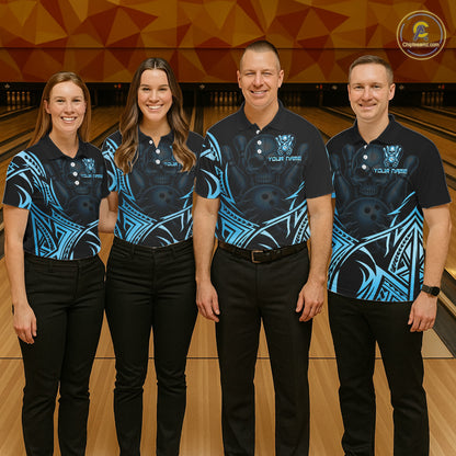 Womens Skull Bowling Shirts Blue Tribal Pattern Custom Skull Bowling Polo Quarter-Zip Team Jersey NYN3756