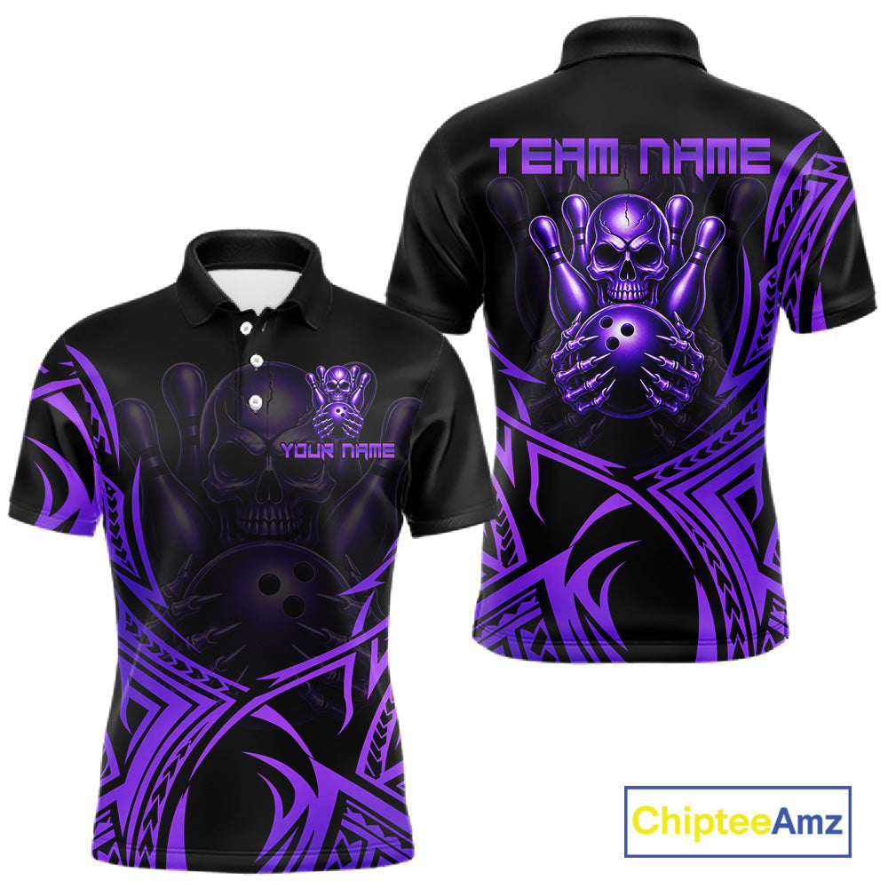 Mens Skull Bowling Shirts Purple Tribal Pattern Custom Skull Bowling Polo Quarter-Zip Team Jersey NYN3757
