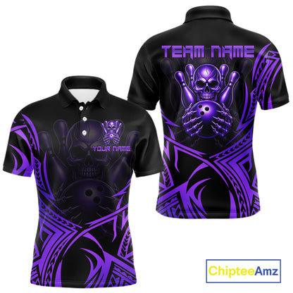 Mens Skull Bowling Shirts Purple Tribal Pattern Custom Skull Bowling Polo Quarter-Zip Team Jersey NYN3757