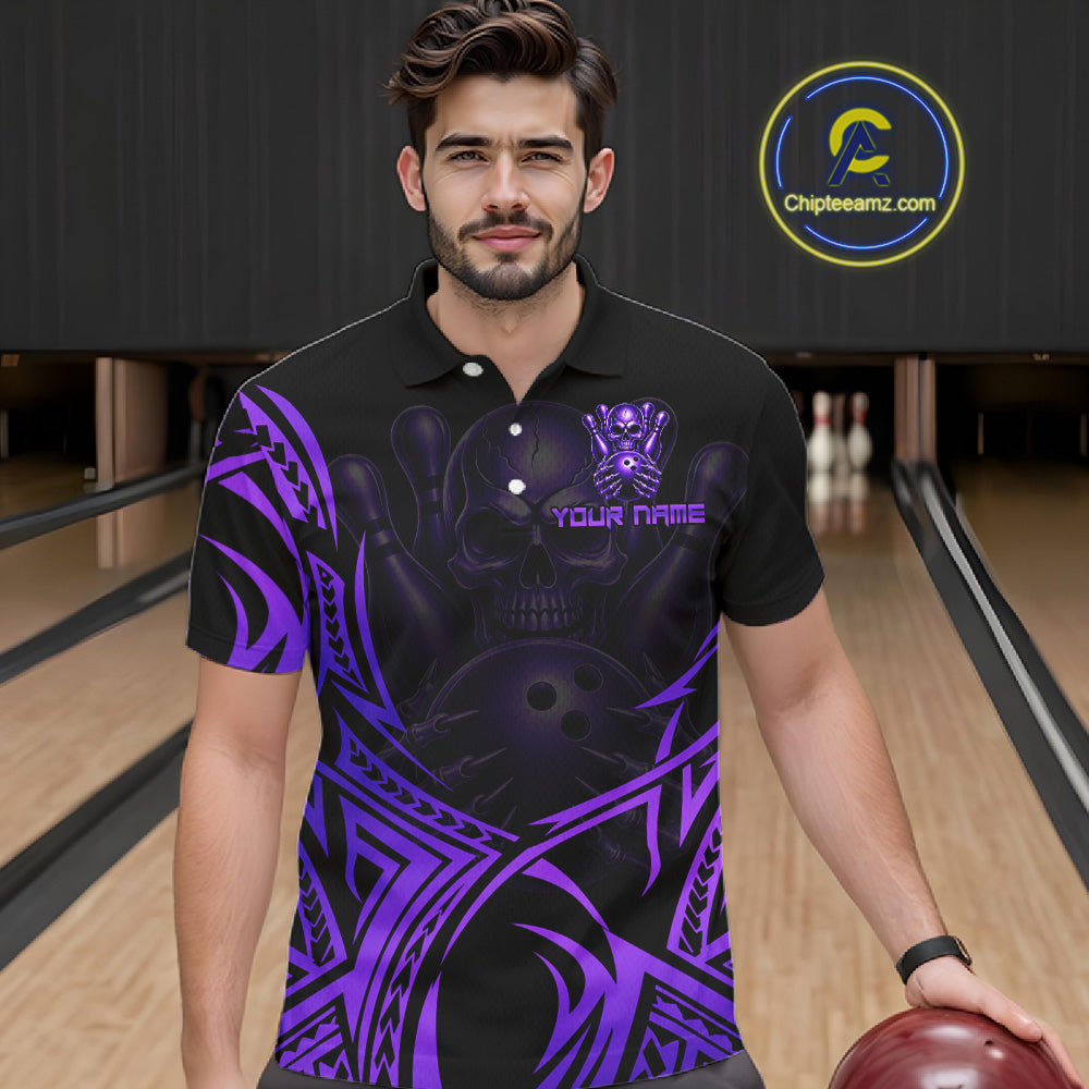 Mens Skull Bowling Shirts Purple Tribal Pattern Custom Skull Bowling Polo Quarter-Zip Team Jersey NYN3757