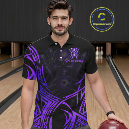 Mens Skull Bowling Shirts Purple Tribal Pattern Custom Skull Bowling Polo Quarter-Zip Team Jersey NYN3757