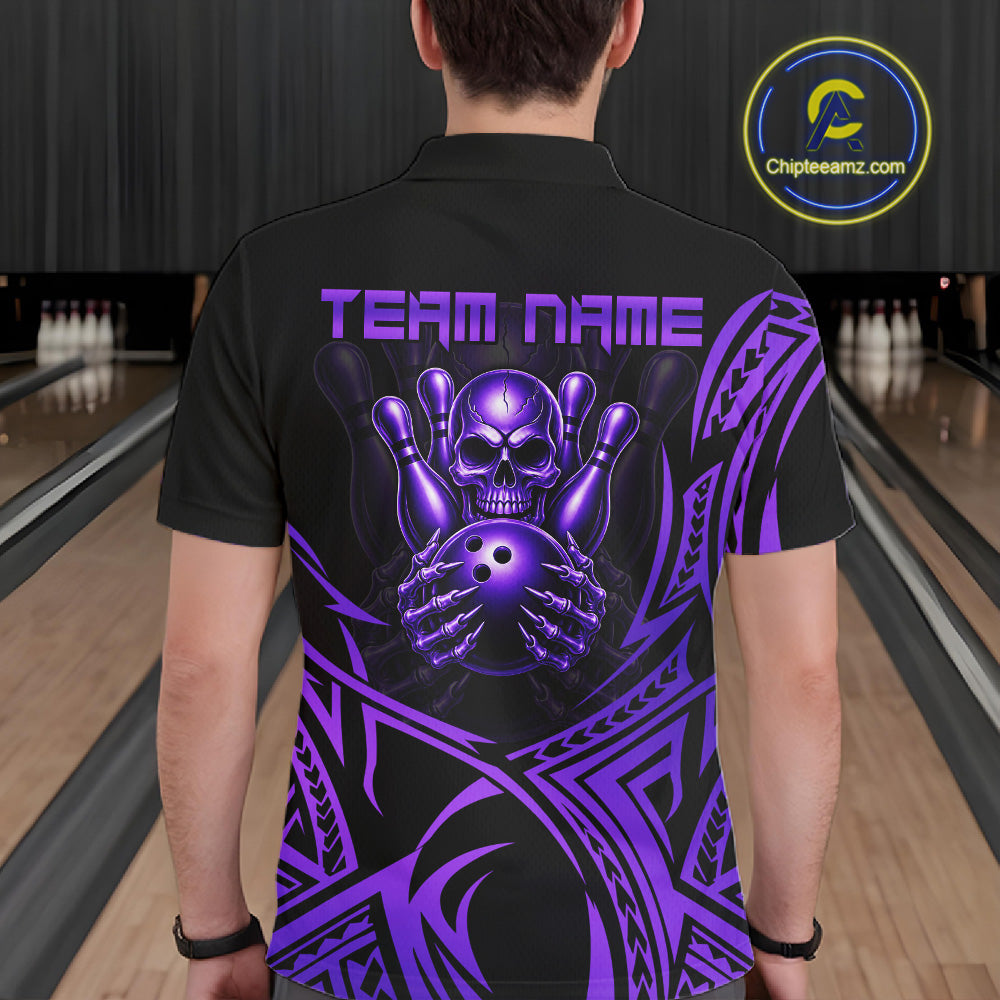 Mens Skull Bowling Shirts Purple Tribal Pattern Custom Skull Bowling Polo Quarter-Zip Team Jersey NYN3757