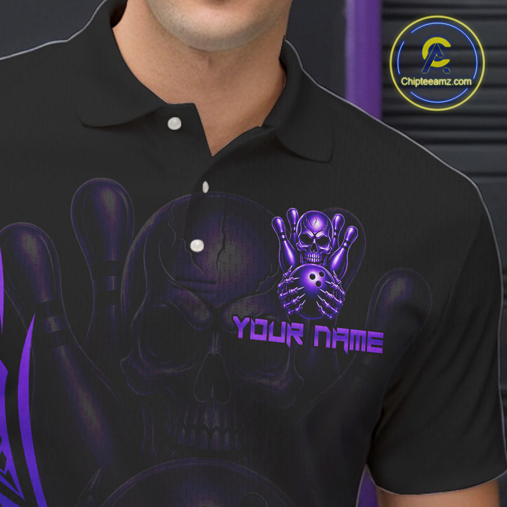 Mens Skull Bowling Shirts Purple Tribal Pattern Custom Skull Bowling Polo Quarter-Zip Team Jersey NYN3757