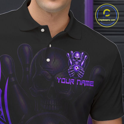 Mens Skull Bowling Shirts Purple Tribal Pattern Custom Skull Bowling Polo Quarter-Zip Team Jersey NYN3757