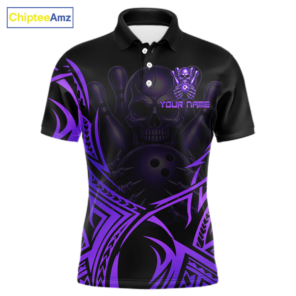 Mens Skull Bowling Shirts Purple Tribal Pattern Custom Skull Bowling Polo Quarter-Zip Team Jersey NYN3757