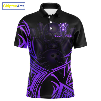 Mens Skull Bowling Shirts Purple Tribal Pattern Custom Skull Bowling Polo Quarter-Zip Team Jersey NYN3757