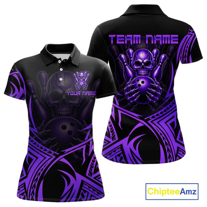 Womens Skull Bowling Shirts Purple Tribal Pattern Custom Skull Bowling Polo Quarter-Zip Team Jersey NYN3757