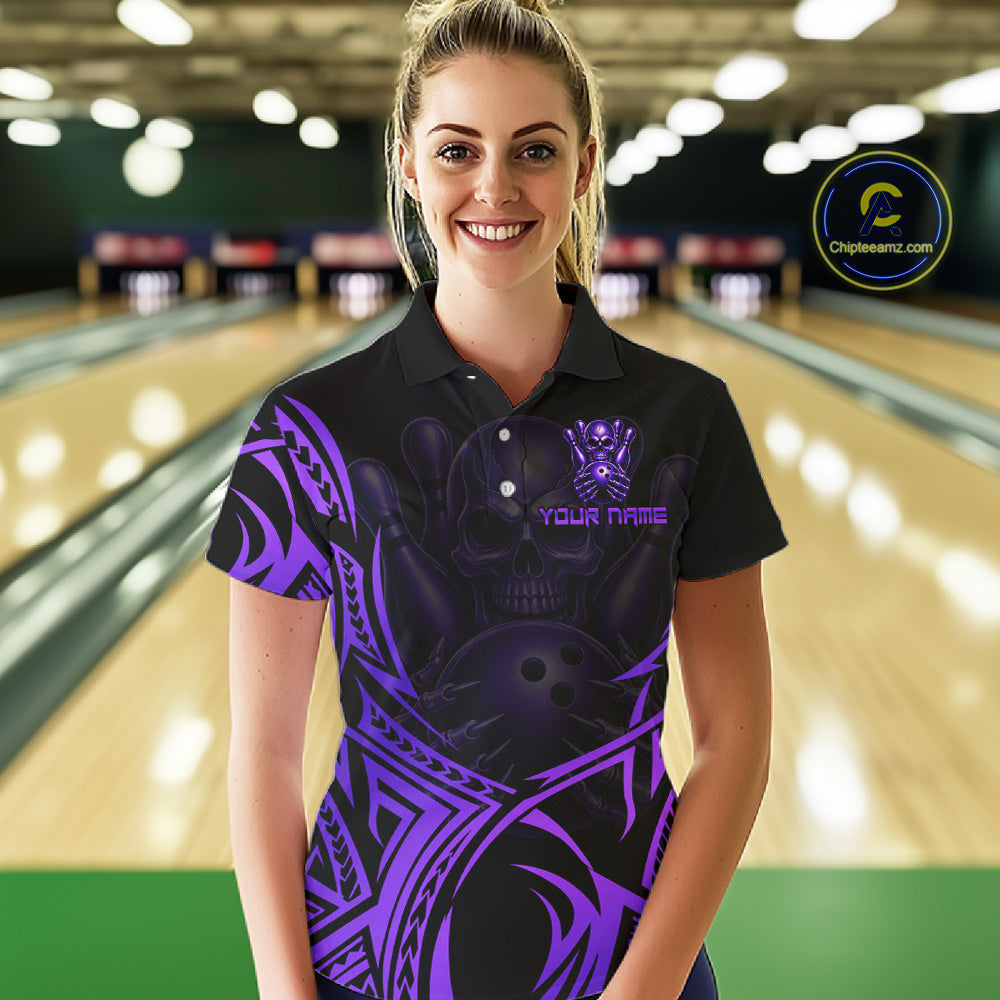 Womens Skull Bowling Shirts Purple Tribal Pattern Custom Skull Bowling Polo Quarter-Zip Team Jersey NYN3757