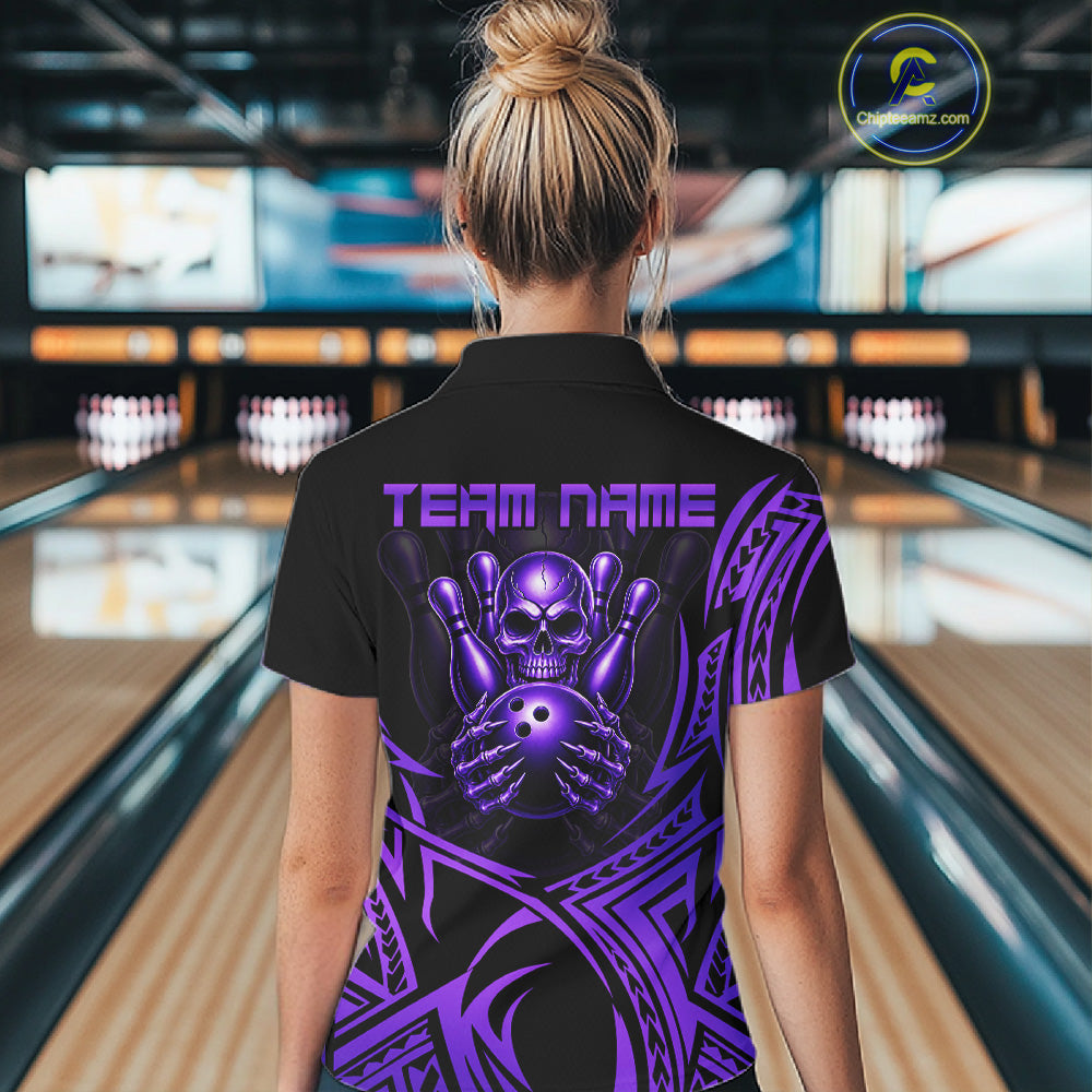 Womens Skull Bowling Shirts Purple Tribal Pattern Custom Skull Bowling Polo Quarter-Zip Team Jersey NYN3757