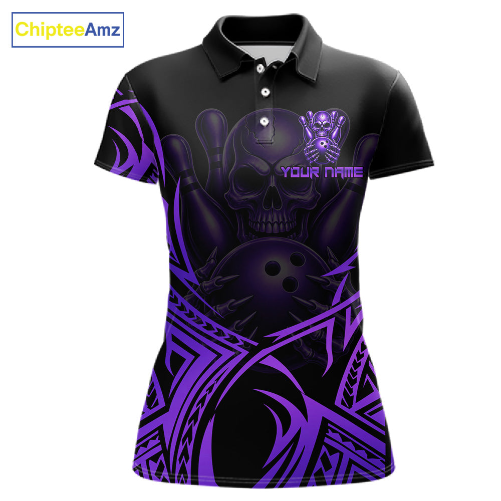 Womens Skull Bowling Shirts Purple Tribal Pattern Custom Skull Bowling Polo Quarter-Zip Team Jersey NYN3757