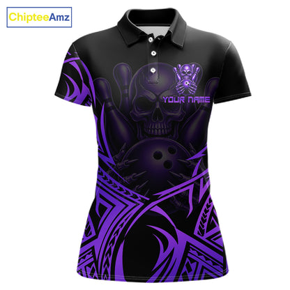 Womens Skull Bowling Shirts Purple Tribal Pattern Custom Skull Bowling Polo Quarter-Zip Team Jersey NYN3757