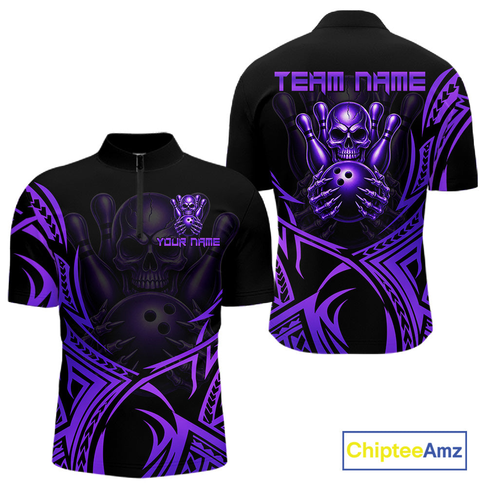 Mens Skull Bowling Shirts Purple Tribal Pattern Custom Skull Bowling Polo Quarter-Zip Team Jersey NYN3757