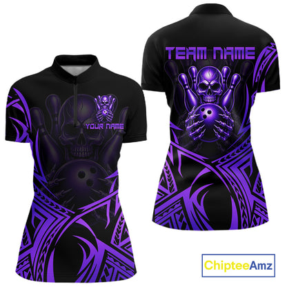 Womens Skull Bowling Shirts Purple Tribal Pattern Custom Skull Bowling Polo Quarter-Zip Team Jersey NYN3757