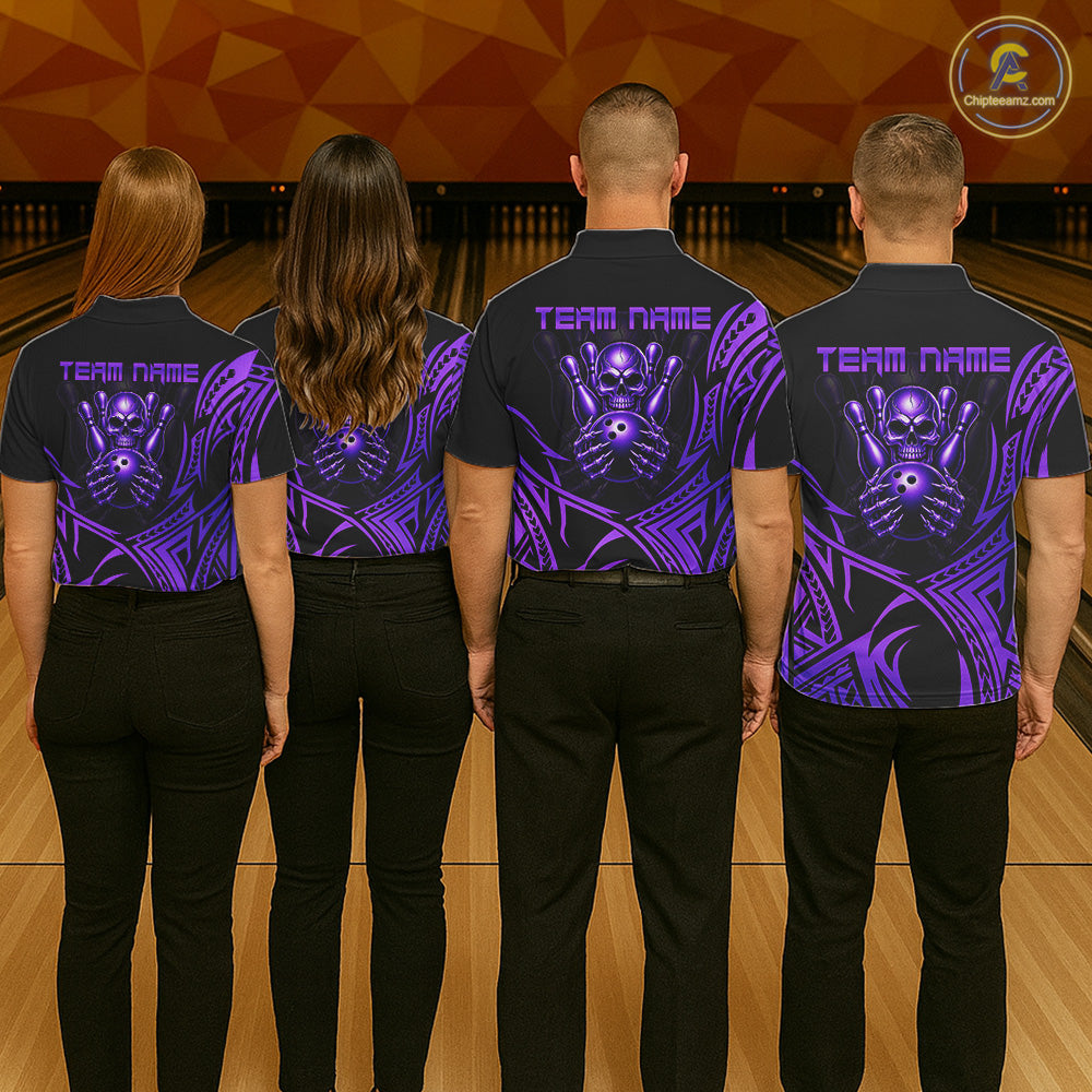 Mens Skull Bowling Shirts Purple Tribal Pattern Custom Skull Bowling Polo Quarter-Zip Team Jersey NYN3757