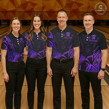 Mens Skull Bowling Shirts Purple Tribal Pattern Custom Skull Bowling Polo Quarter-Zip Team Jersey NYN3757