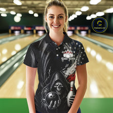 Load image into Gallery viewer, Custom Grim Reaper Patriotic Bowling Shirts Womens American Flag Bowling Polo Quarter-Zip Team Jersey NYN3760