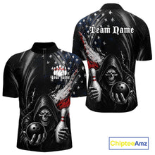 Load image into Gallery viewer, Custom Grim Reaper Patriotic Bowling Shirts Mens American Flag Bowling Polo Quarter-Zip Team Jersey NYN3760