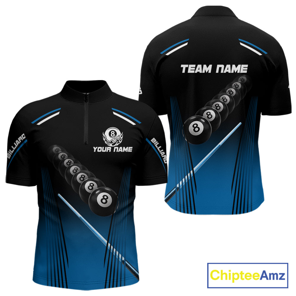 Black & Blue Billiard Ball Cue Pool Men Polo & 1/4-Zip Shirt Custom 8 Ball 3D Billiards Attire NYN2455