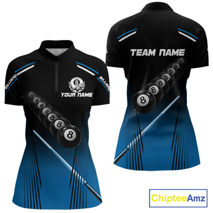 Black & Blue Billiard Ball Cue Pool Women Polo & 1/4-Zip Shirt Custom 8 Ball 3D Billiards Attire NYN2455
