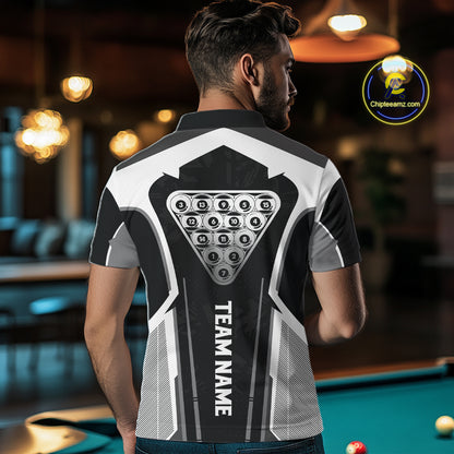 White And Black Billiard Pool Men Polo & 1/4-Zip Team Shirts Custom 8 Ball Billiards Cue Attire NYN2458