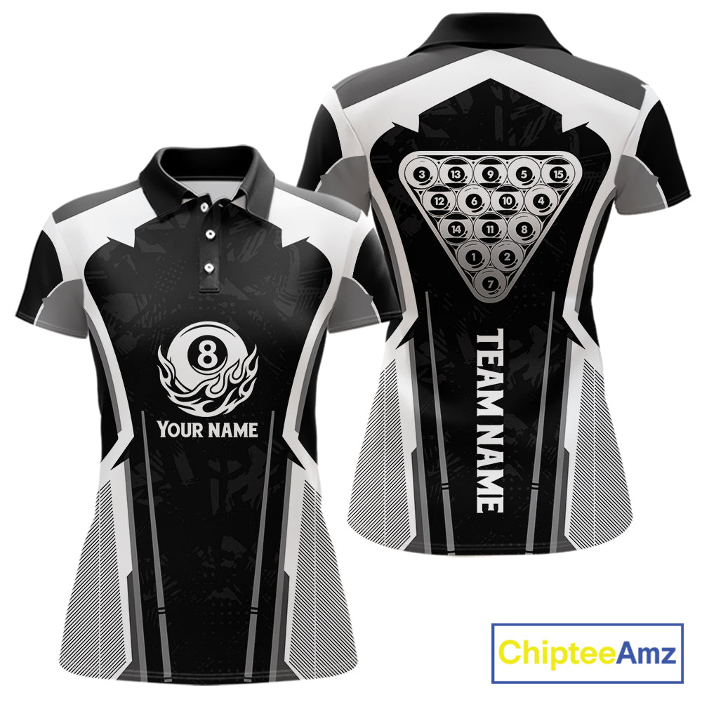 White And Black Billiard Pool Women Polo & 1/4-Zip Team Shirts Custom 8 Ball Billiards Cue Attire NYN2458