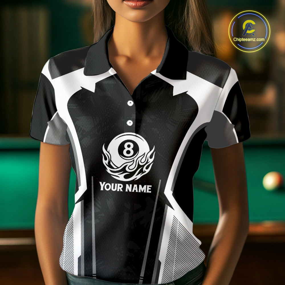White And Black Billiard Pool Women Polo & 1/4-Zip Team Shirts Custom 8 Ball Billiards Cue Attire NYN2458