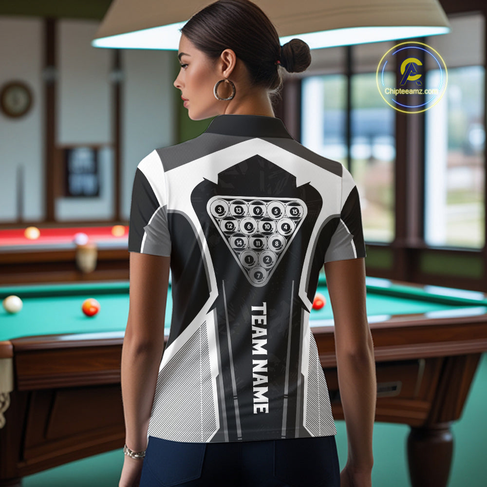 White And Black Billiard Pool Women Polo & 1/4-Zip Team Shirts Custom 8 Ball Billiards Cue Attire NYN2458