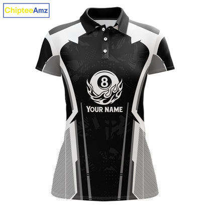 White And Black Billiard Pool Women Polo & 1/4-Zip Team Shirts Custom 8 Ball Billiards Cue Attire NYN2458