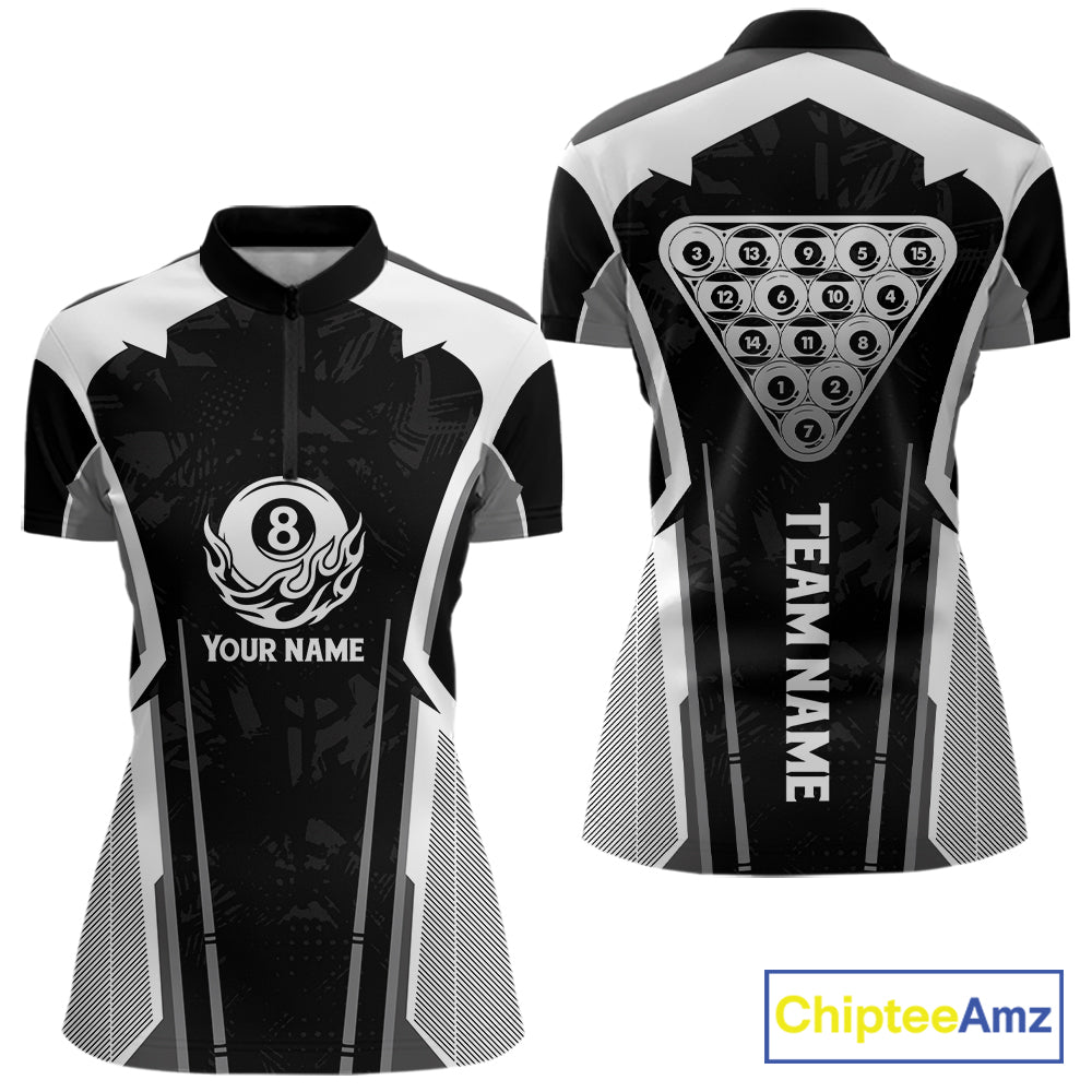 White And Black Billiard Pool Women Polo & 1/4-Zip Team Shirts Custom 8 Ball Billiards Cue Attire NYN2458