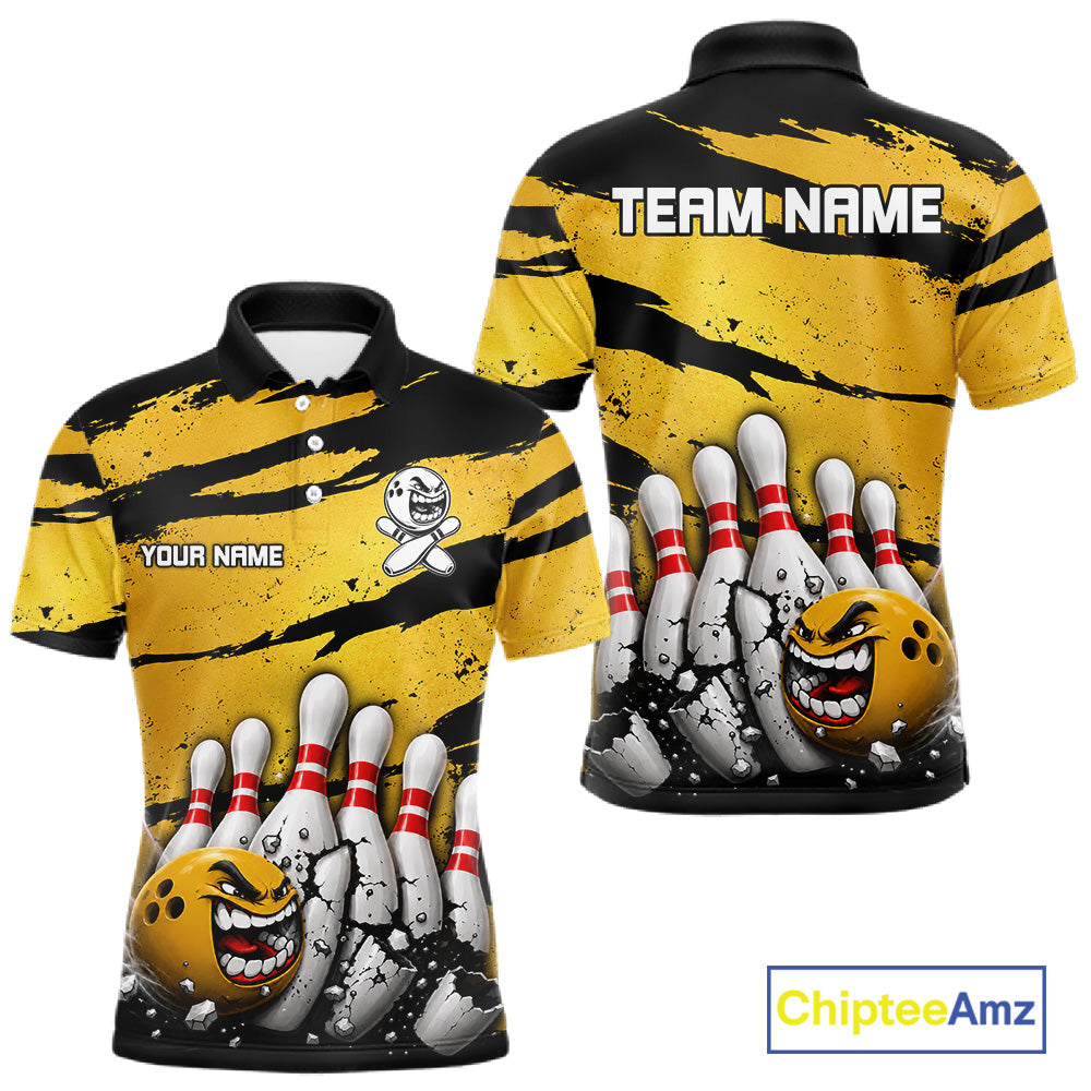 Men's yellow grunge cracked bowling ball and pins polo shirt mockup custom bowling league jersey