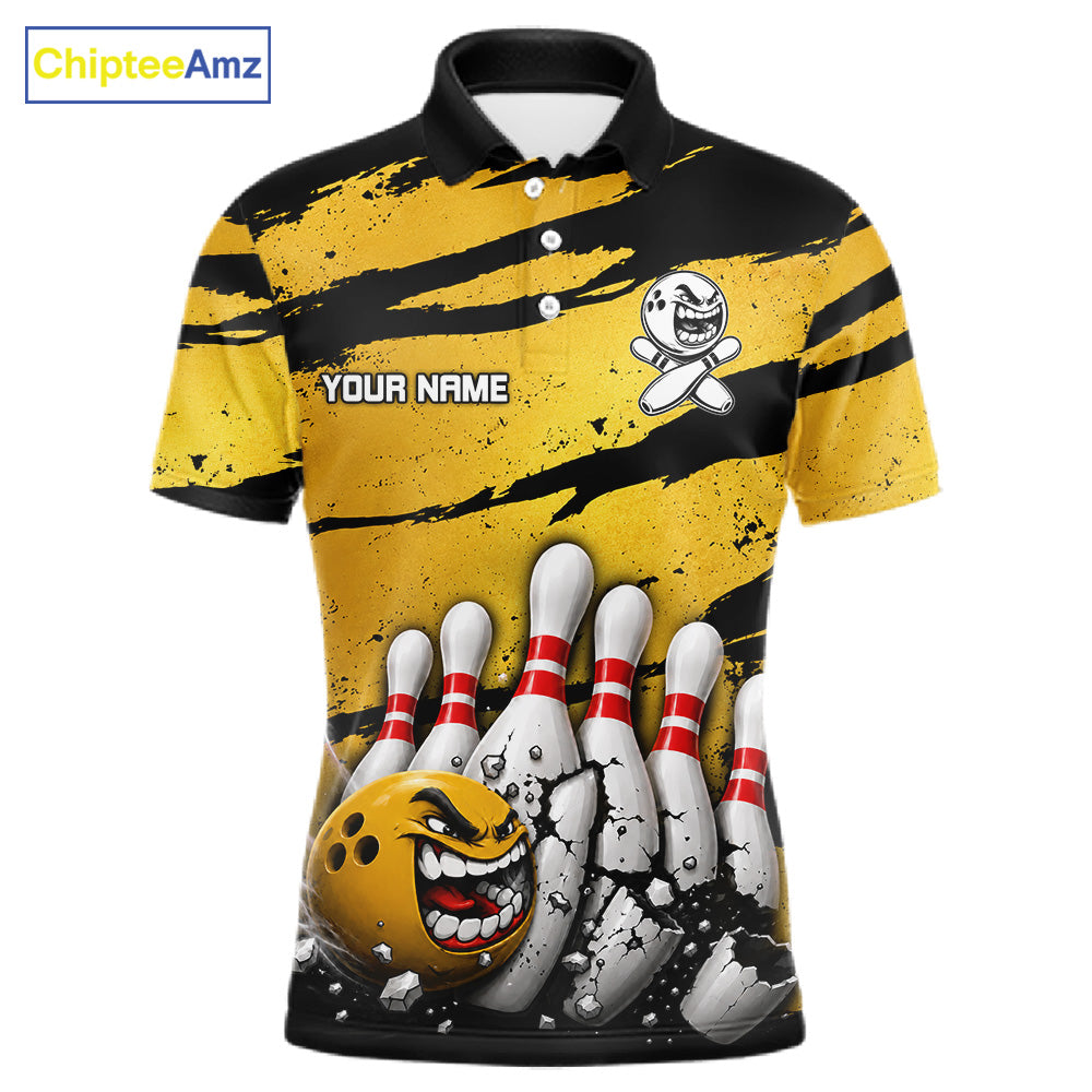 Men's yellow grunge cracked bowling ball and pins polo shirt mockup custom bowling league jersey