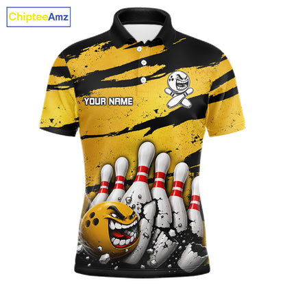 Men's yellow grunge cracked bowling ball and pins polo shirt mockup custom bowling league jersey