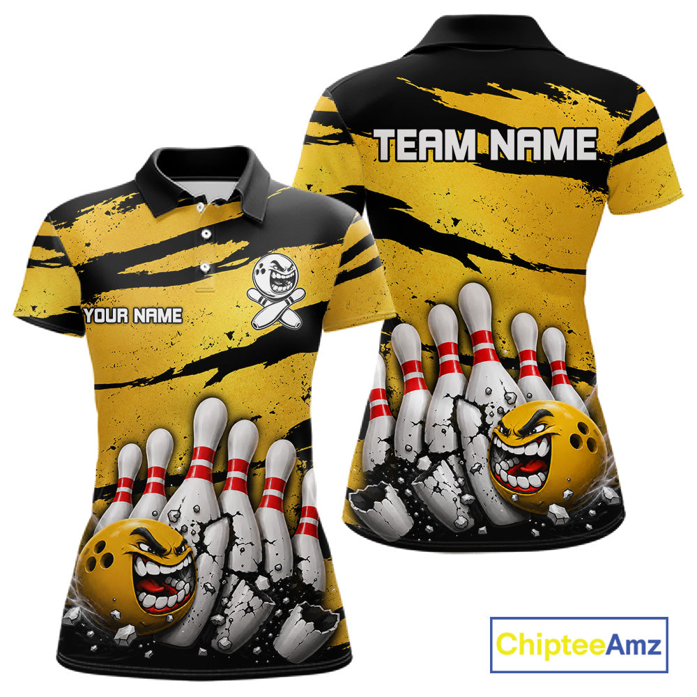 Women's yellow grunge cracked bowling ball and pins polo shirt mockup custom bowling league jersey