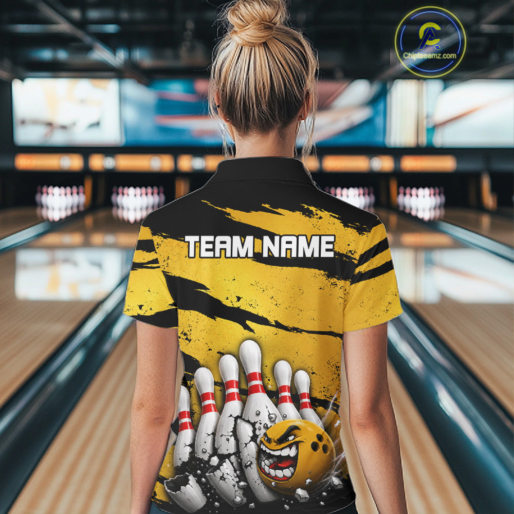Female model wearing yellow grunge cracked bowling ball and pins shirt custom bowling league jersey