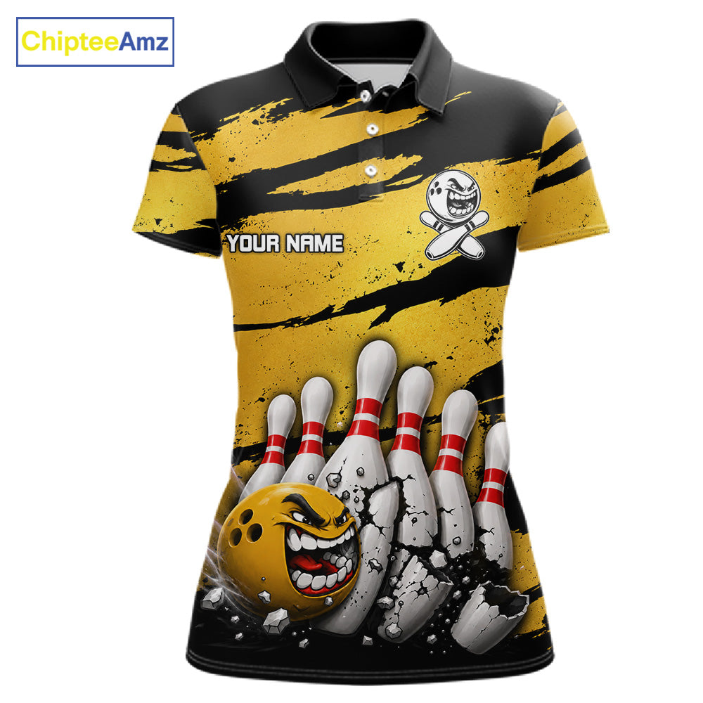 Women's yellow grunge cracked bowling ball and pins polo shirt mockup custom bowling league jersey