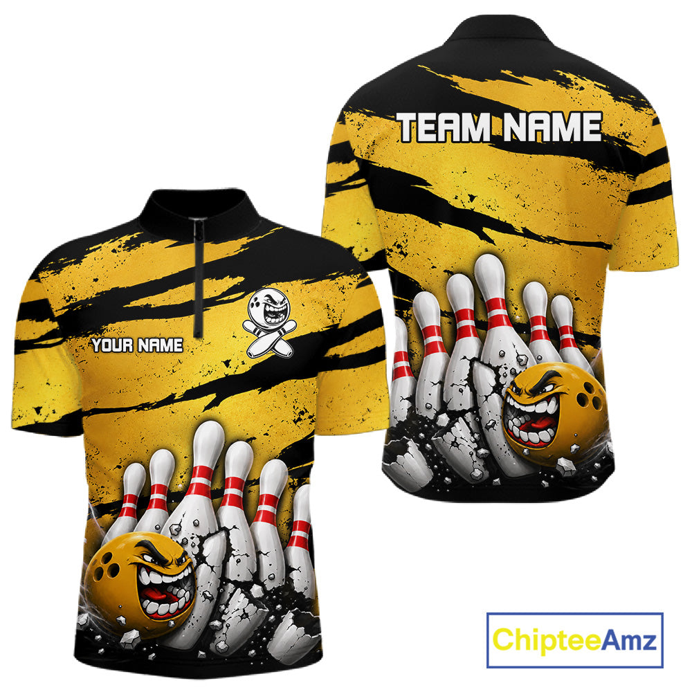 Men's yellow grunge cracked bowling ball and pins quarter zip shirt mockup custom bowling league jersey
