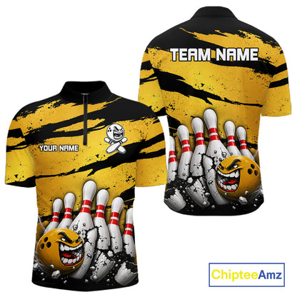 Men's yellow grunge cracked bowling ball and pins quarter zip shirt mockup custom bowling league jersey
