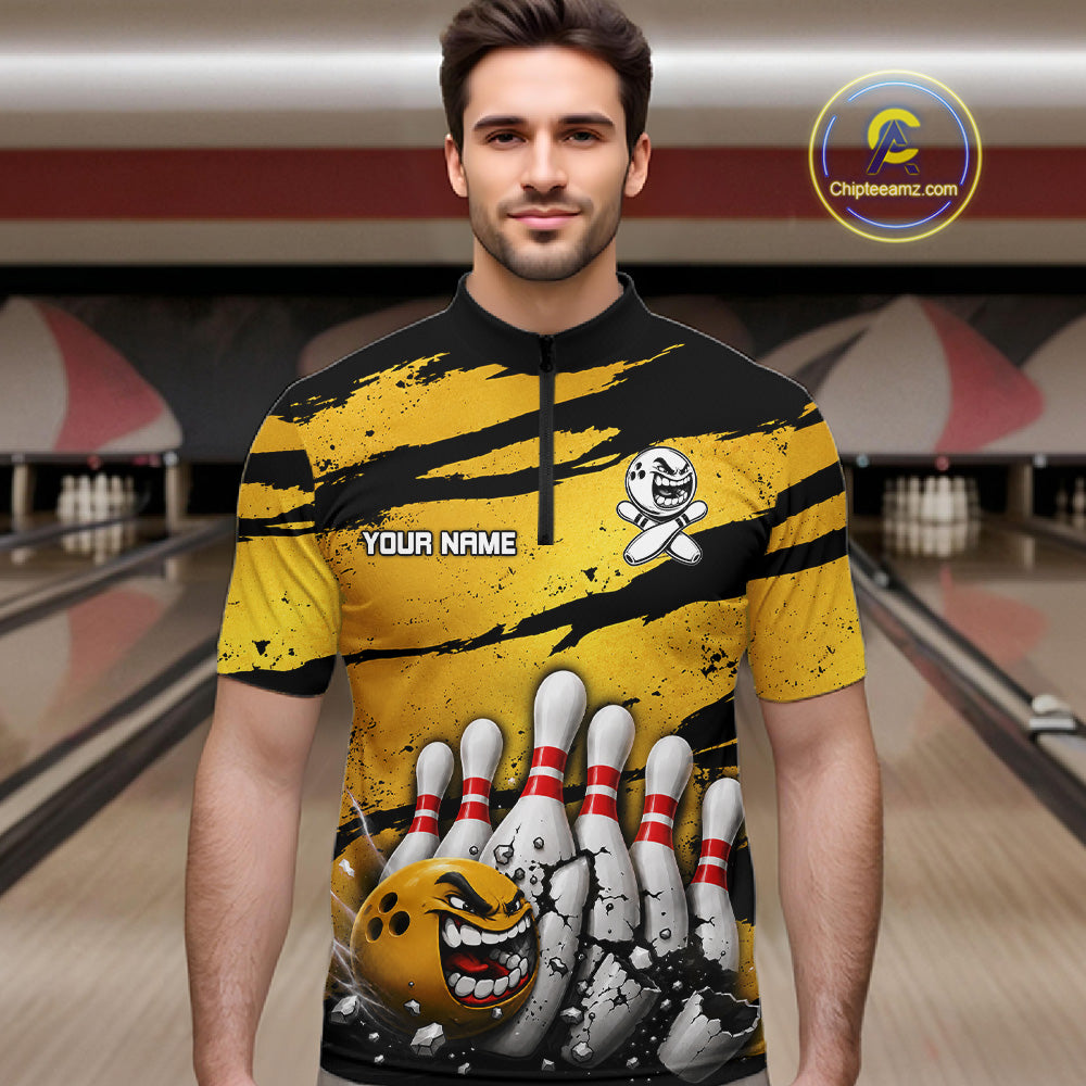 Male model wearing yellow grunge cracked bowling ball and pins shirt custom bowling league jersey