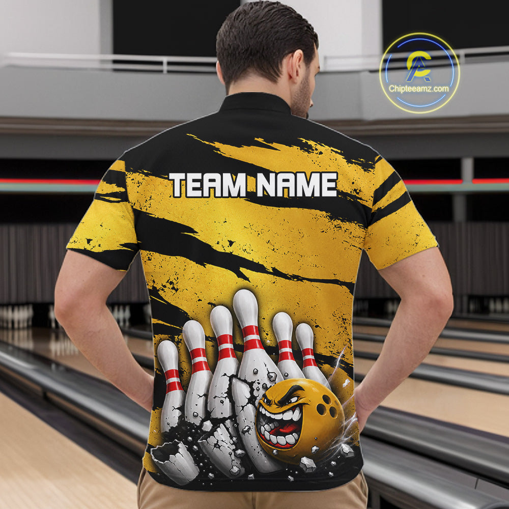 Male model wearing yellow grunge cracked bowling ball and pins shirt custom bowling league jersey
