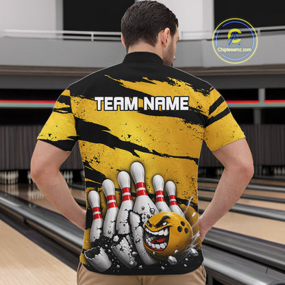 Male model wearing yellow grunge cracked bowling ball and pins shirt custom bowling league jersey