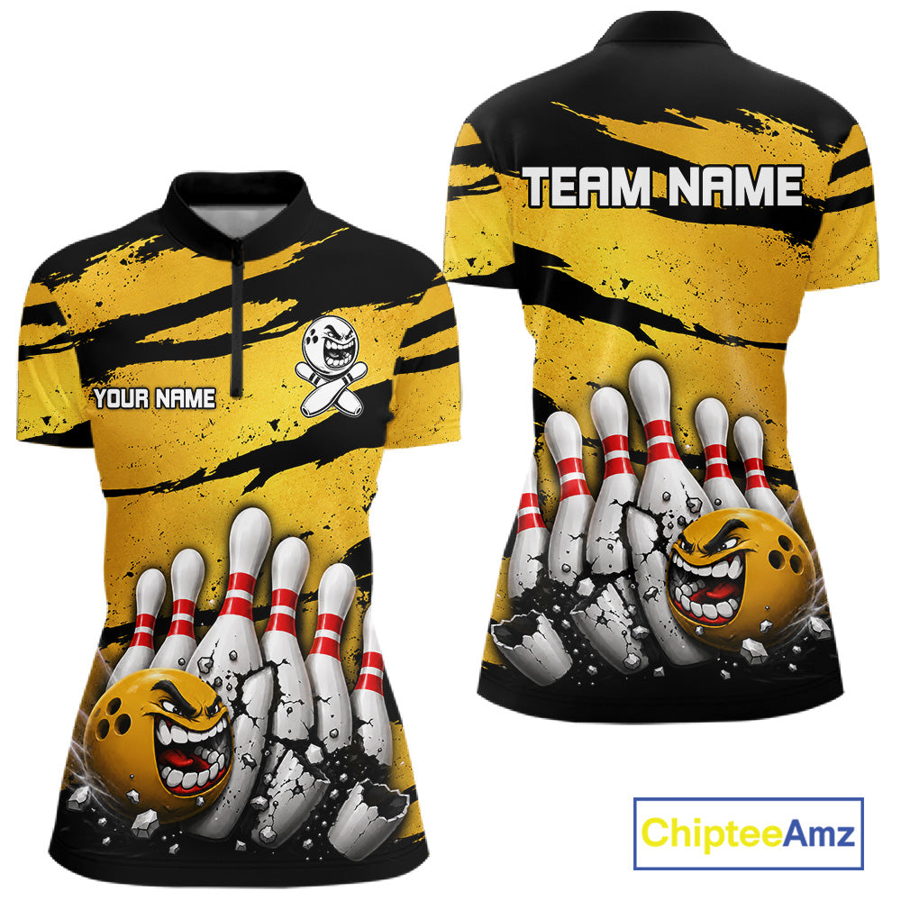 Women's yellow grunge cracked bowling ball and pins quarter zip shirt mockup custom bowling league jersey