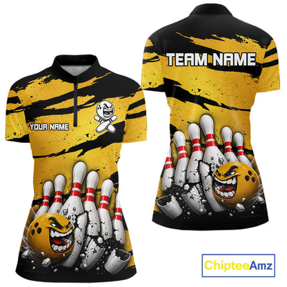 Women's yellow grunge cracked bowling ball and pins quarter zip shirt mockup custom bowling league jersey
