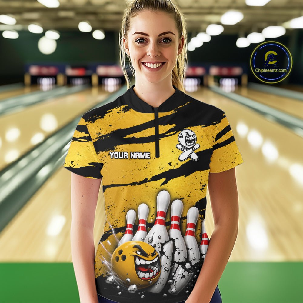 Female model wearing yellow grunge cracked bowling ball and pins shirt custom bowling league jersey