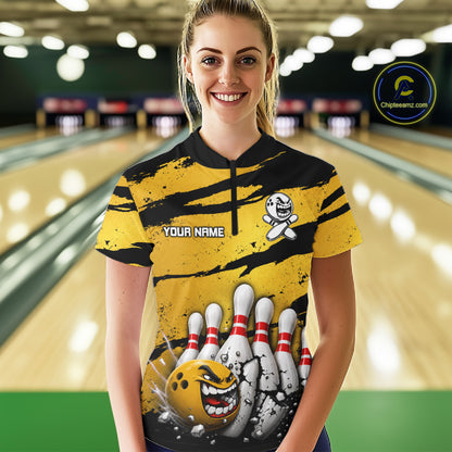 Female model wearing yellow grunge cracked bowling ball and pins shirt custom bowling league jersey
